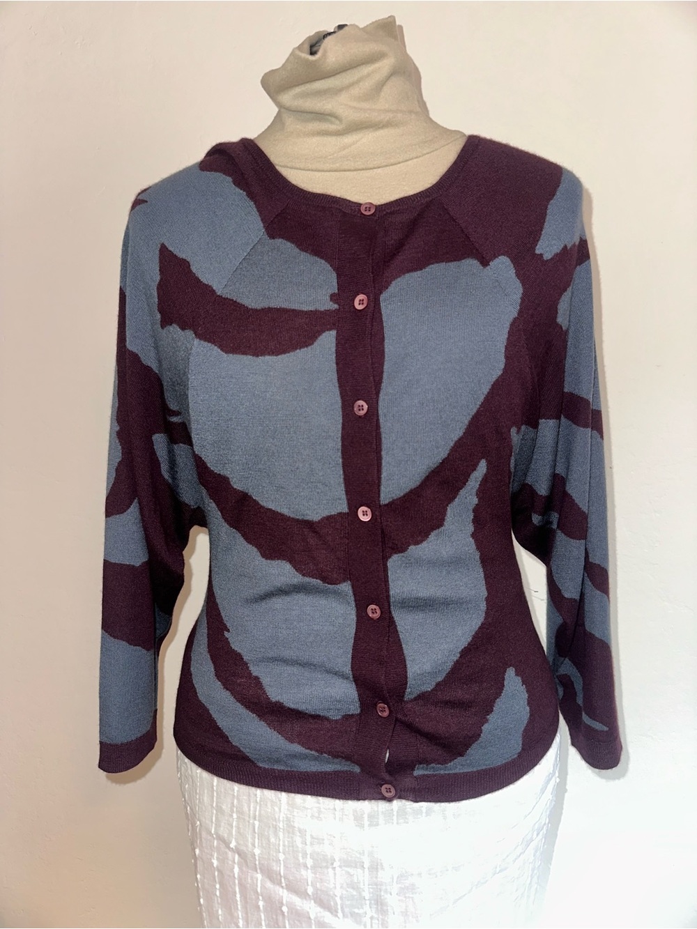 Neiman Marcus Blue Grey Plum Abstract Cardigan Merino Cashmere Silk blend